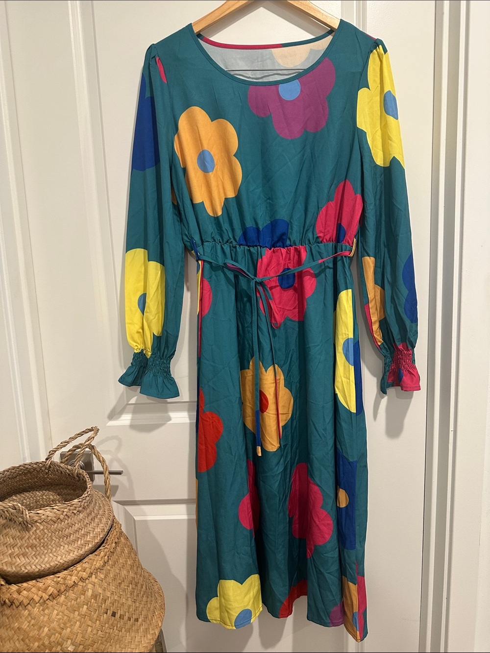 Womens Teal Floral Tie-Waist Dress